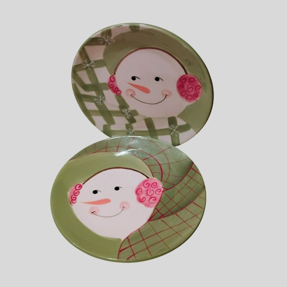 Snowman Holiday Plates Set Of 2, 6" Foreside Dishes, Christmas Green & White